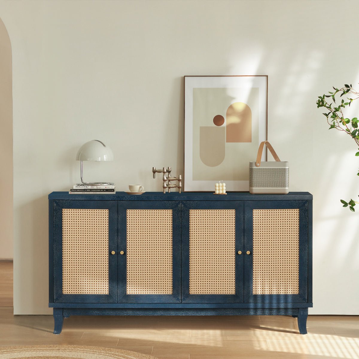 Sideboard with 4 Rattan Doors and Adjustable Shelves, Navy Blue - Buffets & Sideboards