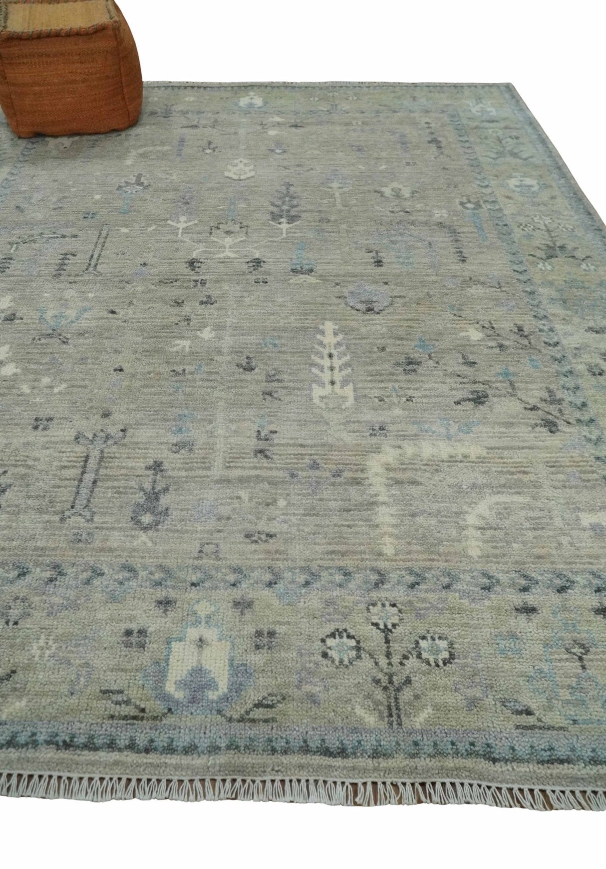 Silver and Olive 8x10 Antique Hand Knotted Turkish Design Area Rug