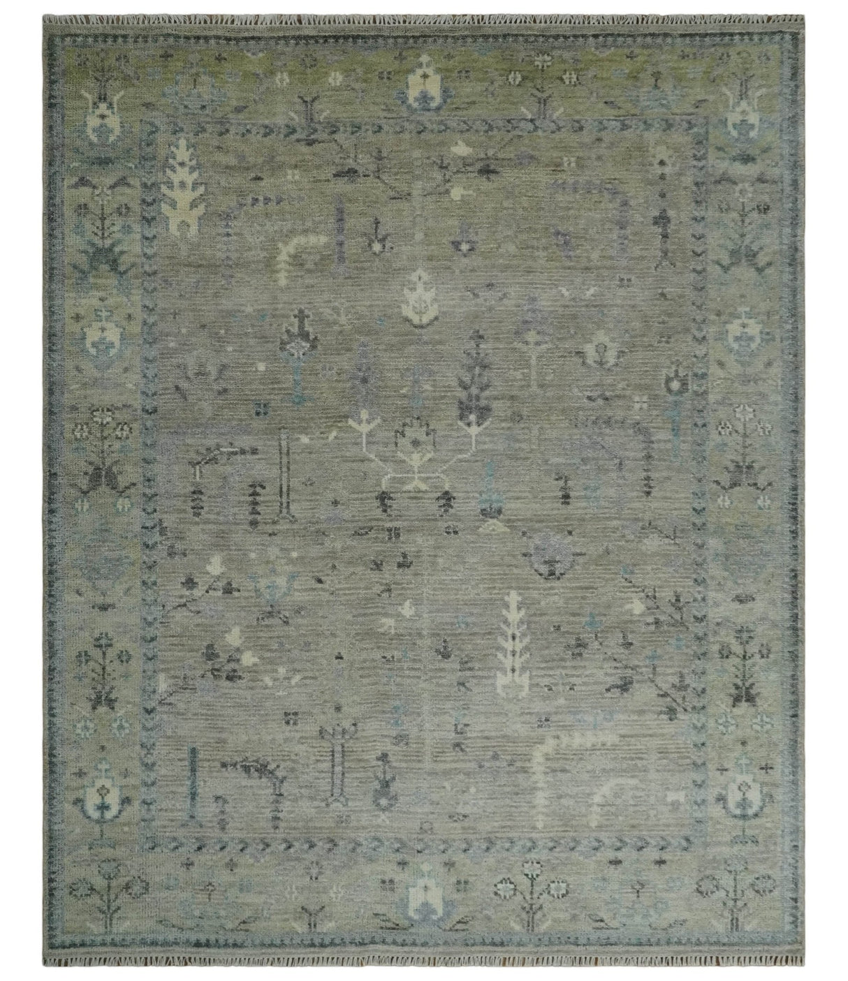 Silver and Olive 8x10 Antique Hand Knotted Turkish Design Area Rug