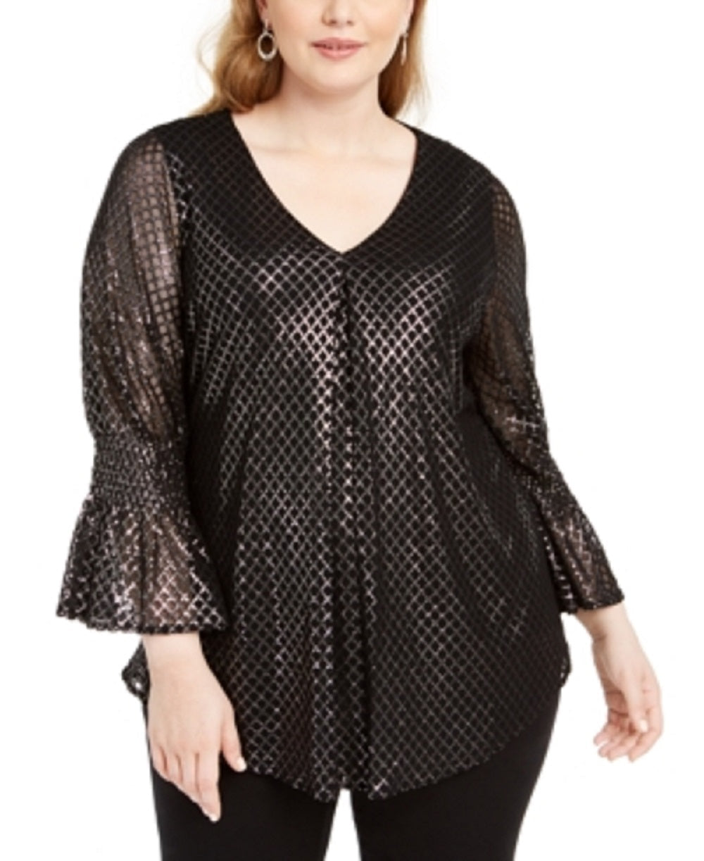 Alfani Women's Metallic Knit Cross Top Black Size 0X