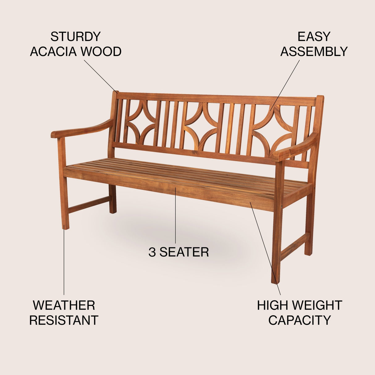 Sloane 3 - seat ogee diamond - back support acacia wood outdoor garden patio bench - Tuesday Morning - Outdoor Benches