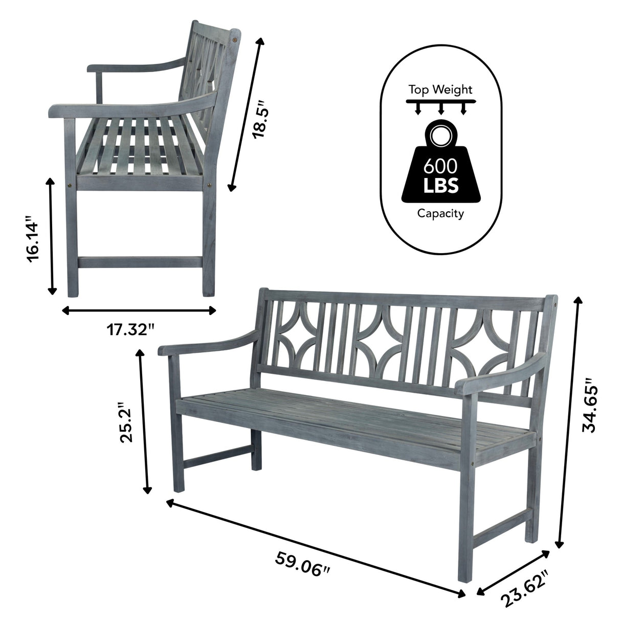 Sloane 3 - seat ogee diamond - back support acacia wood outdoor garden patio bench - Tuesday Morning - Outdoor Benches