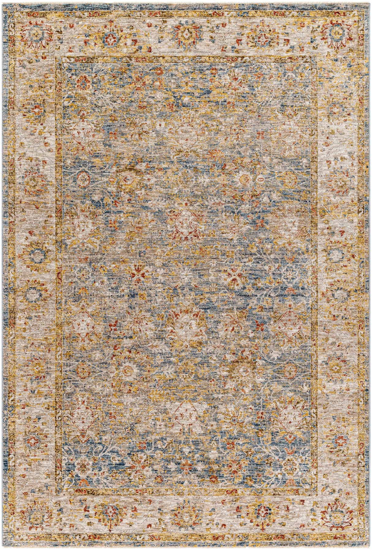 Duong Beige & Blue Textured Rug with Fringes