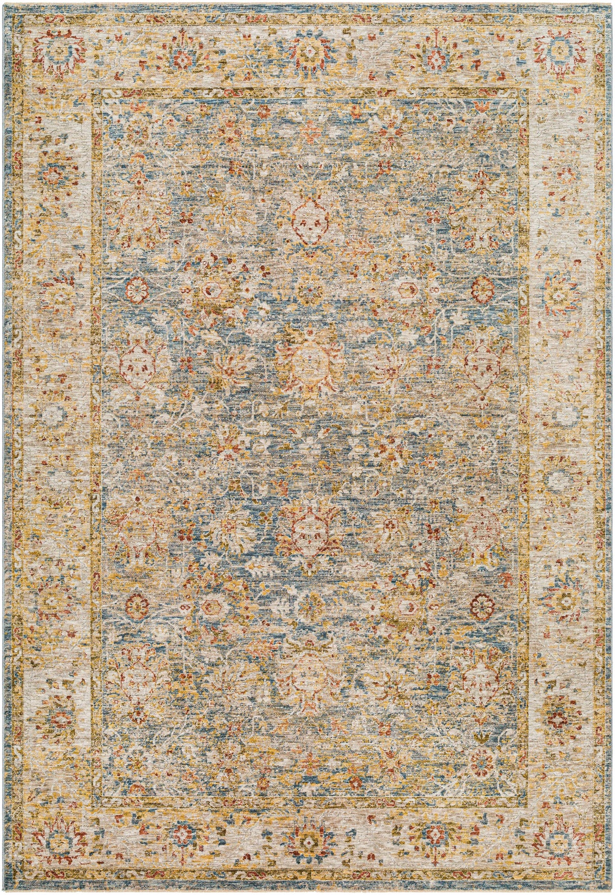 Duong Beige & Blue Textured Rug with Fringes