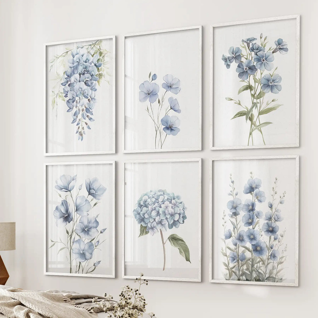 Blue Hydrangea, Wisteria, Flax Flowers Art. Set of 6 Prints