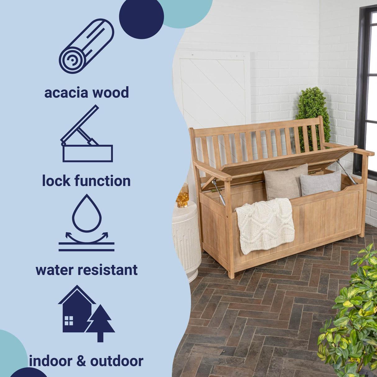 Sophie traditional farmhouse lift - top acacia wood storage & entry bench - Tuesday Morning - Outdoor Storage Boxes