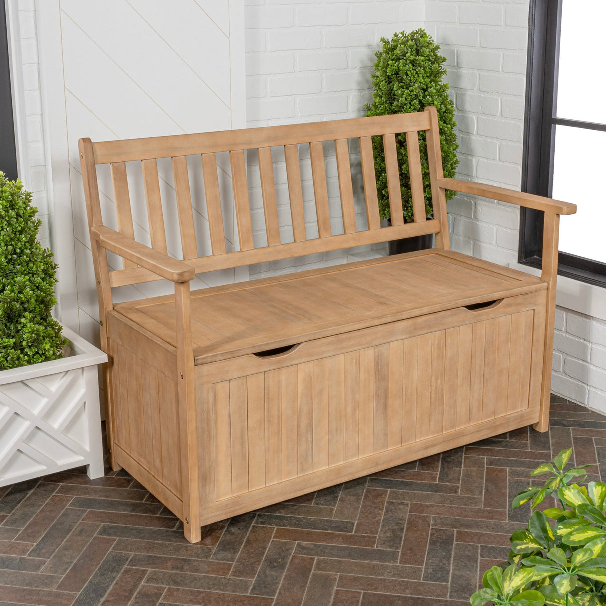 Sophie traditional farmhouse lift - top acacia wood storage & entry bench - Tuesday Morning - Outdoor Storage Boxes