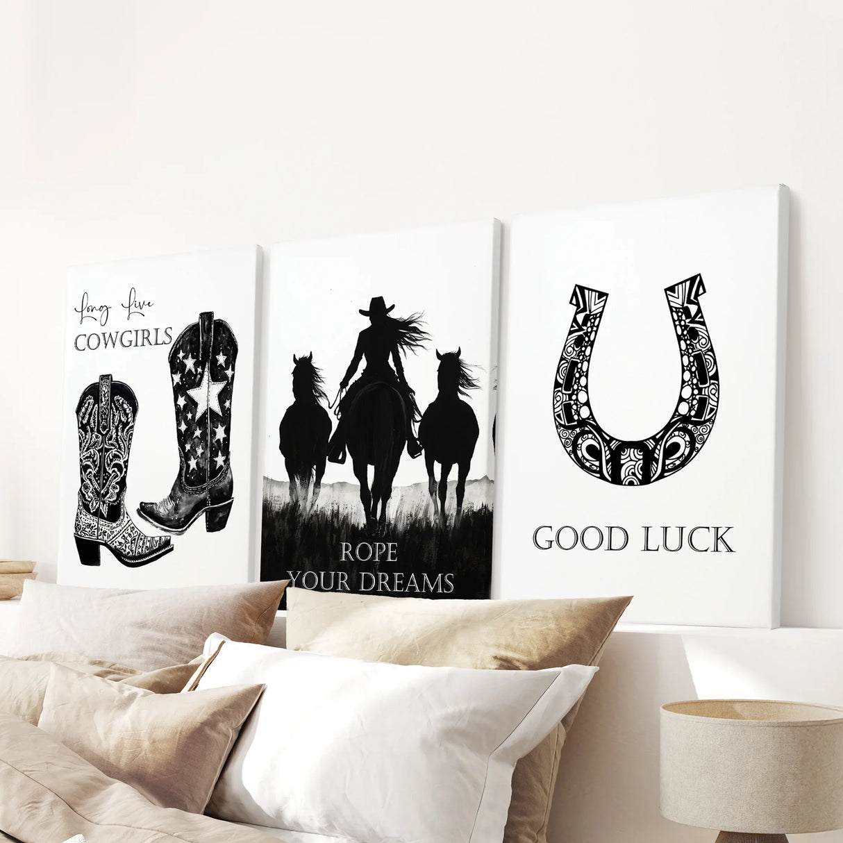 Black White Western Cowgirl 3 Piece Art. Boots, Horseshoe