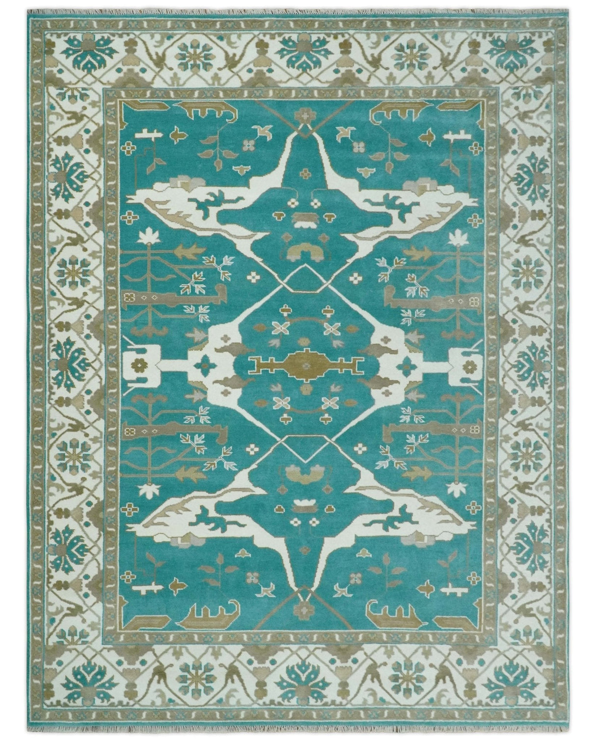 Teal and Ivory Hand knotted Oriental Oushak 9x12 wool Area Rug