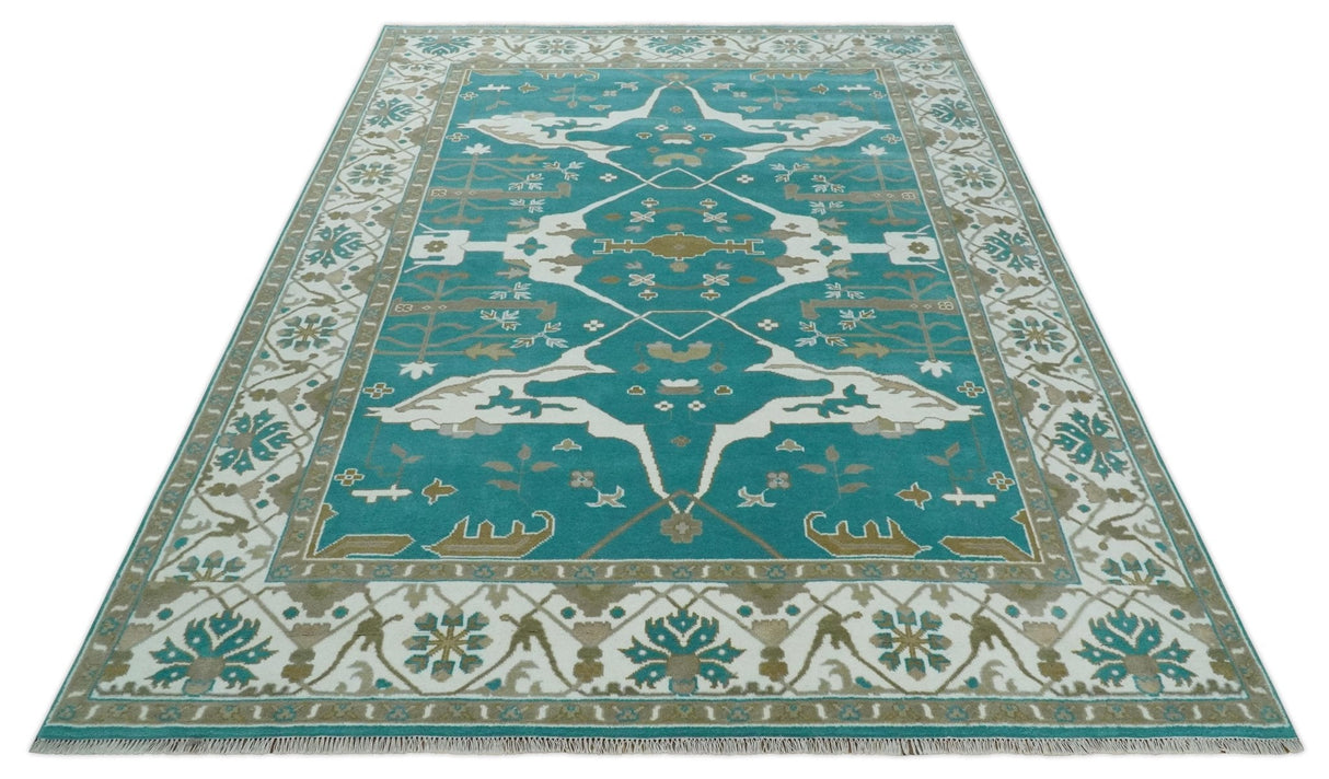 Teal and Ivory Hand knotted Oriental Oushak 9x12 wool Area Rug