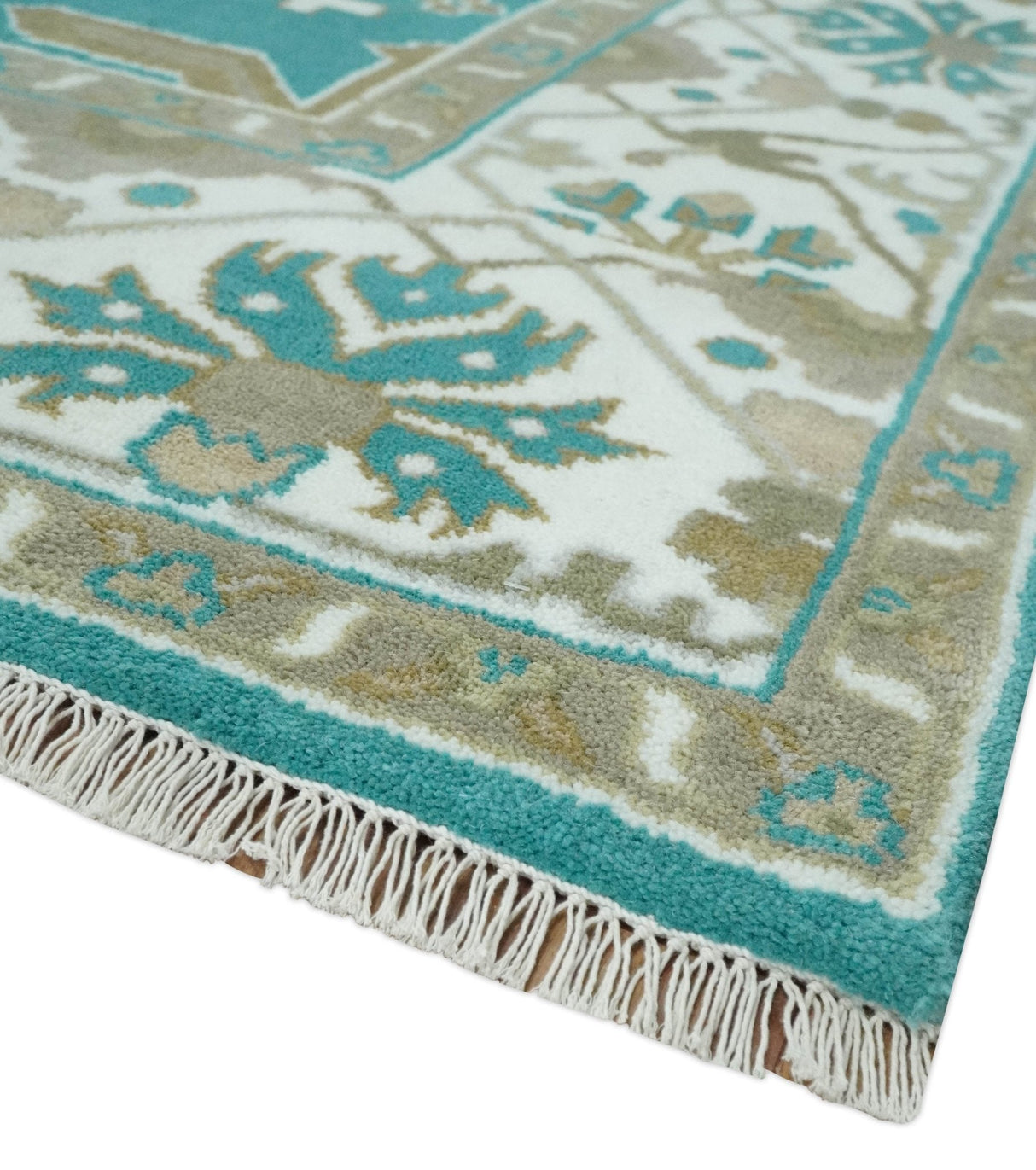 Teal and Ivory Hand knotted Oriental Oushak 9x12 wool Area Rug