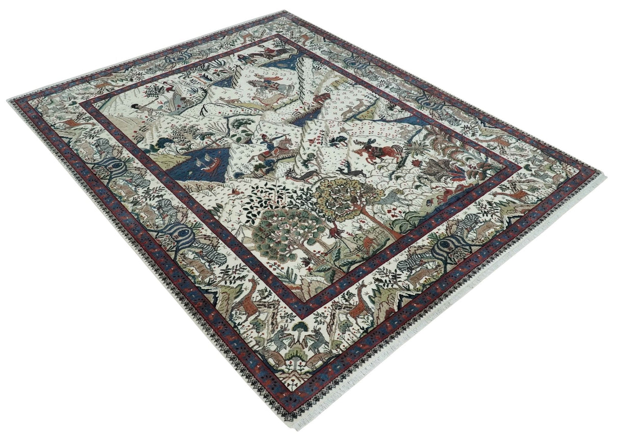 The Jungle Life Hunter and the King Animal Tree Rug Hand Knotted Ivory and Olive Wool