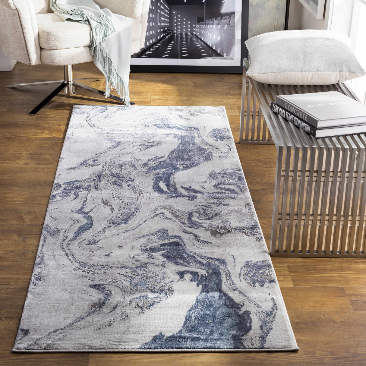 Moana Denim Blue Marble Area Rug