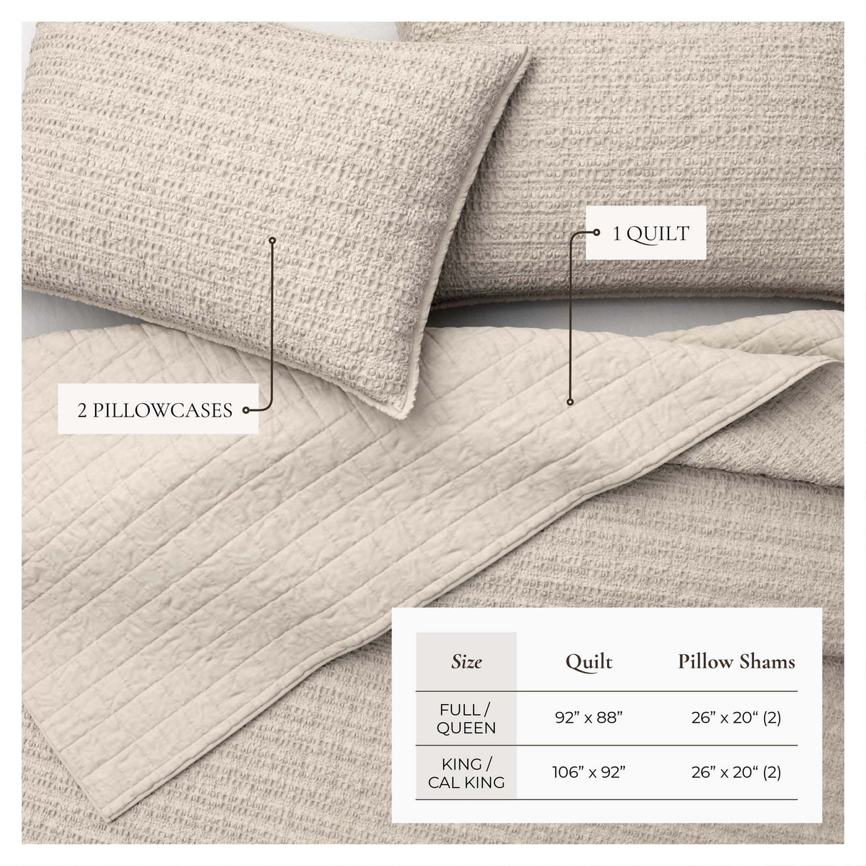 100% Cotton Honeycomb Waffle Garment Washed Quilt Set - Genevieve Collection