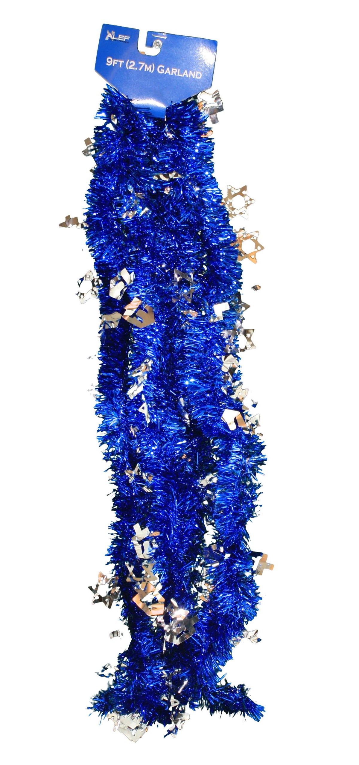 9 foot Hanukkah Tinsel Garland with Die Cut Shapes - Blue