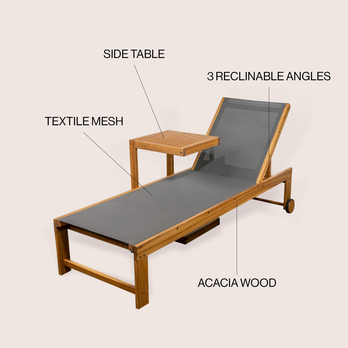 Trabuco coastal modern acacia wood mesh 3 - position outdoor chaise lounge set with side table - Tuesday Morning - Outdoor Chairs