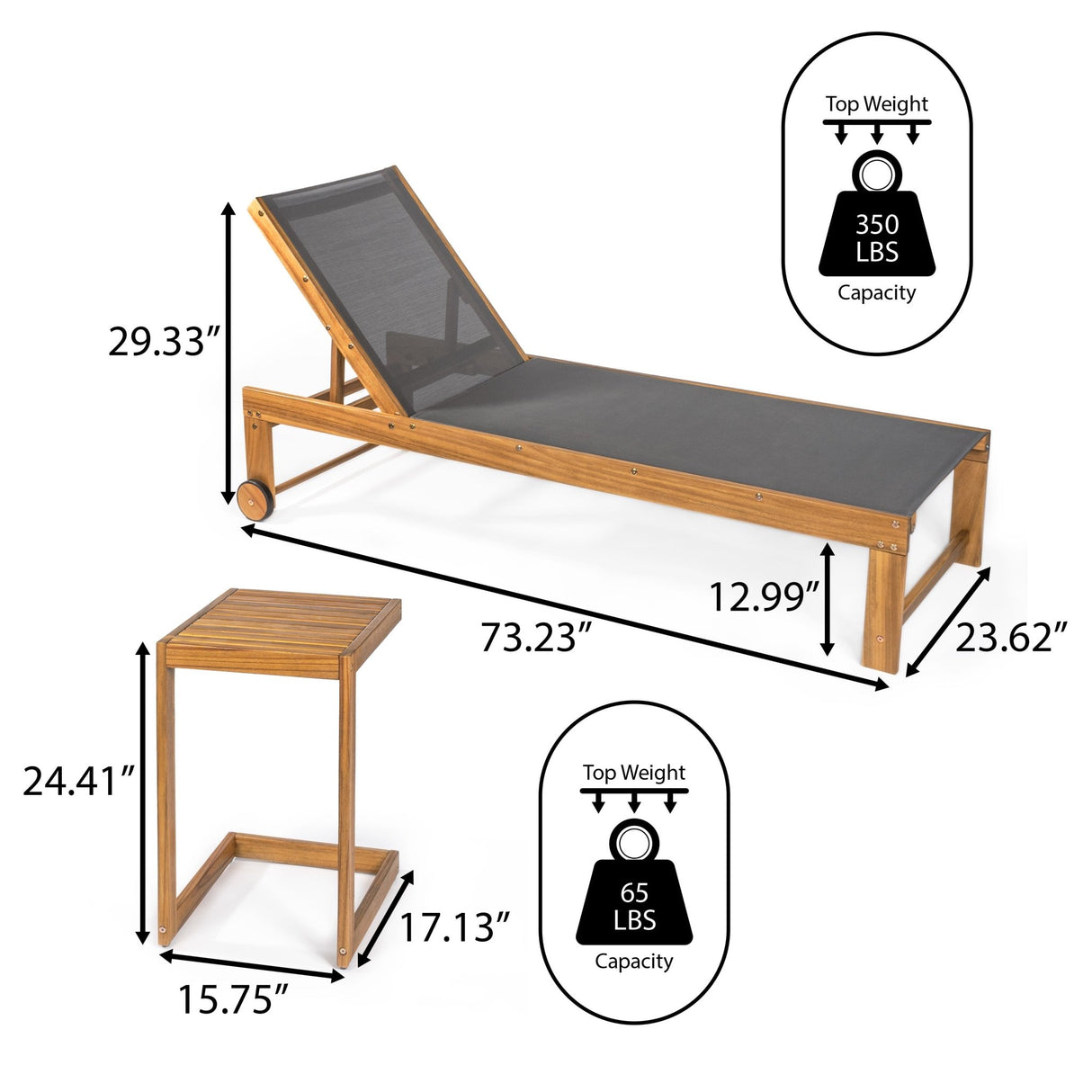 Trabuco coastal modern acacia wood mesh 3 - position outdoor chaise lounge set with side table - Tuesday Morning - Outdoor Chairs