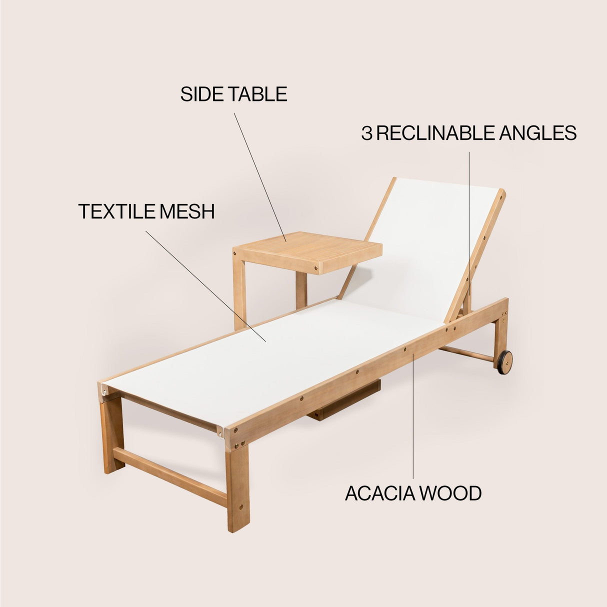 Trabuco coastal modern acacia wood mesh 3 - position outdoor chaise lounge set with side table - Tuesday Morning - Outdoor Chairs