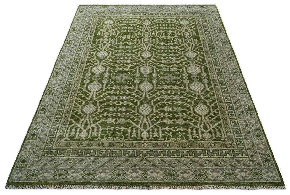 Traditional Khotan Design Hand knotted Green and Ivory 8x10 wool Area Rug