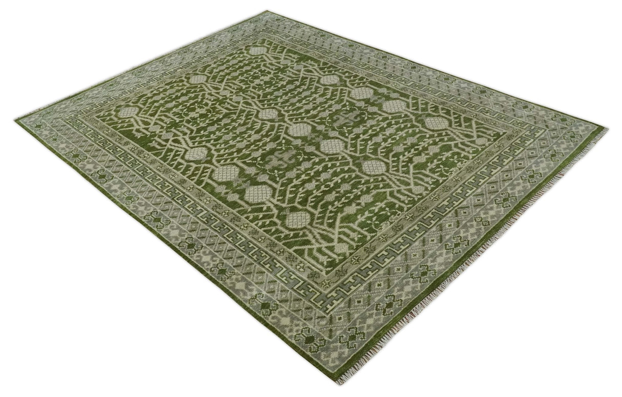 Traditional Khotan Design Hand knotted Green and Ivory 8x10 wool Area Rug