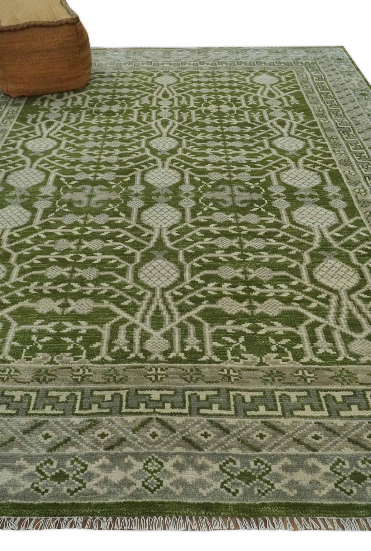 Traditional Khotan Design Hand knotted Green and Ivory 8x10 wool Area Rug