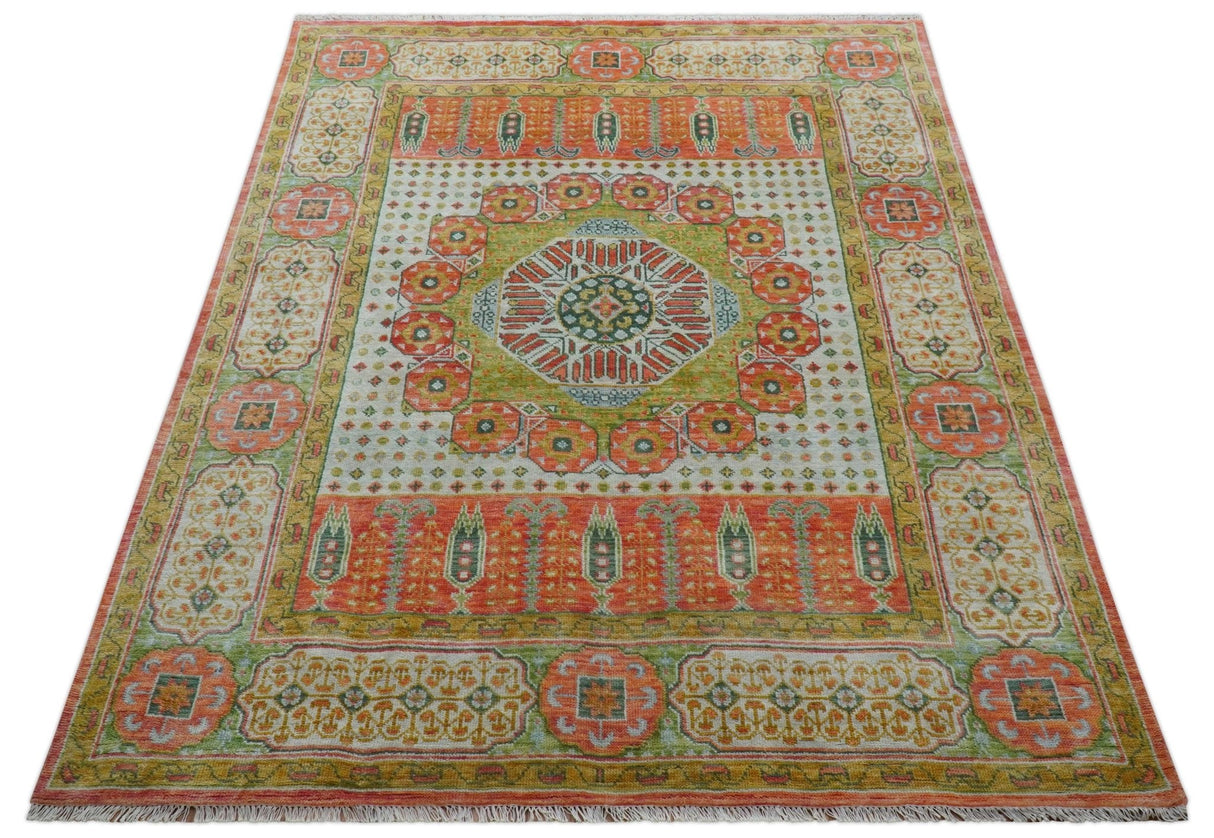 Traditional Mamluk Design Orange Hand knotted 8x10 Wool Rug