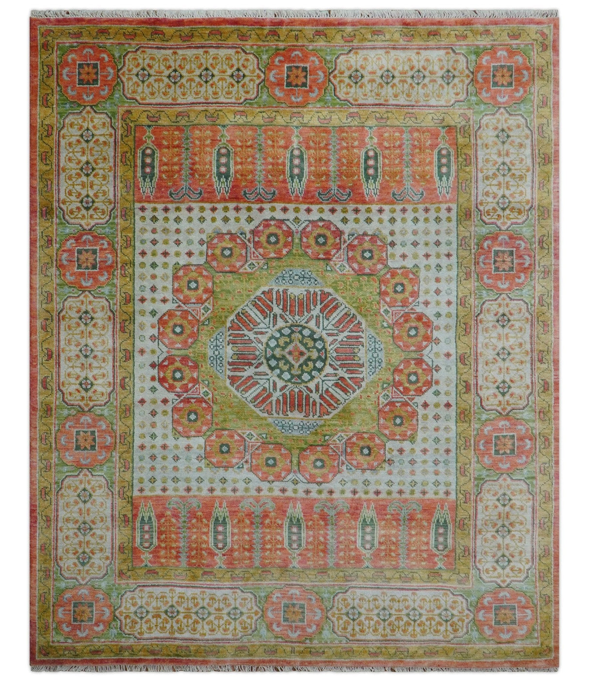 Traditional Mamluk Design Orange Hand knotted 8x10 Wool Rug