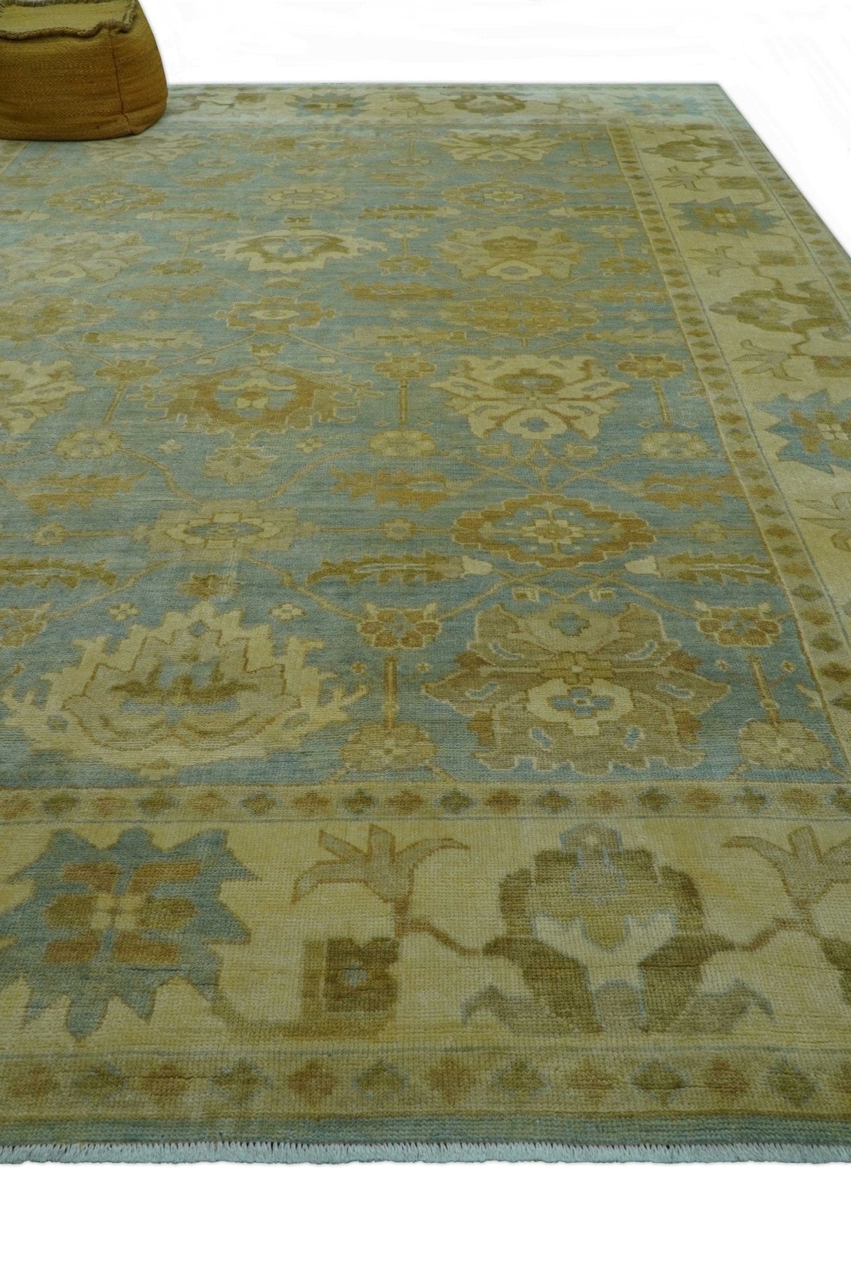 Traditional Oushak Design Beige and Blue Hand Knotted Wool Area Rug