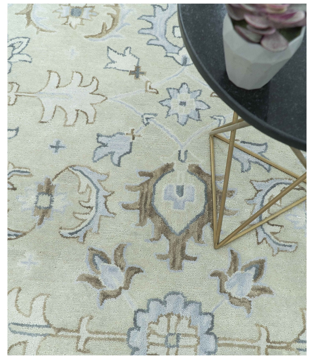 Traditional Oushak Design Beige, Blue And Silver 8x10 Hand Tufted Wool Area Rug