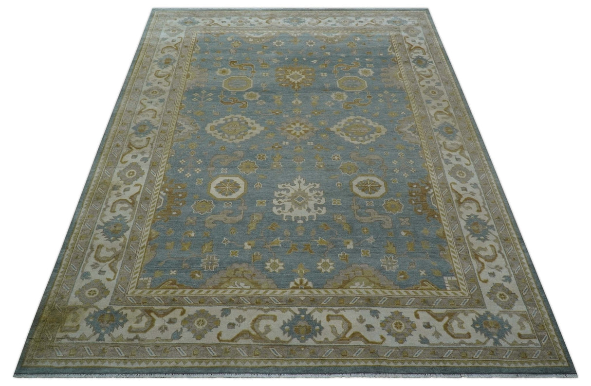 Traditional Oushak Design Blue And Beige 10x14 Hand Knotted Wool Rug