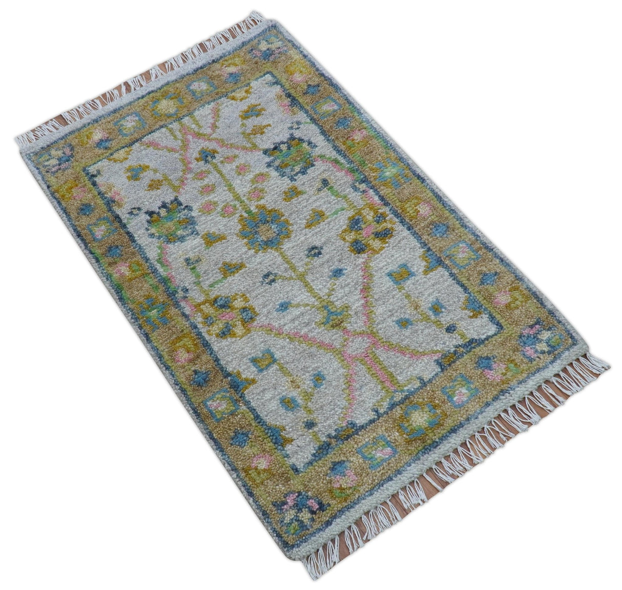 Traditional Oushak Green And Blue 2x3 Hand knotted Wool Rug