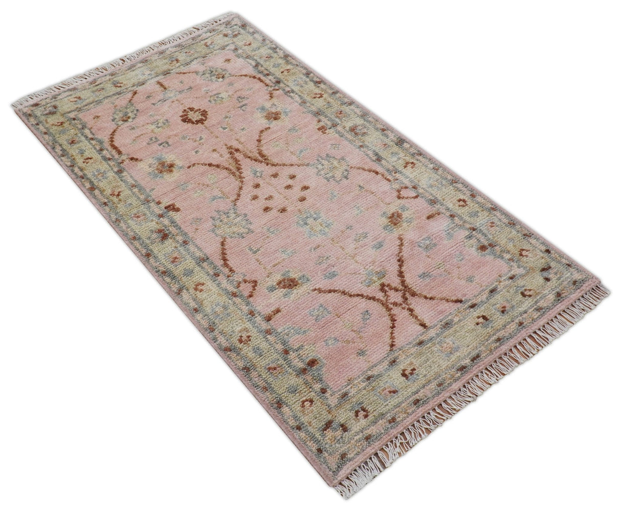 Traditional Peach And Brown Hand Knotted 3x5 Wool Rug