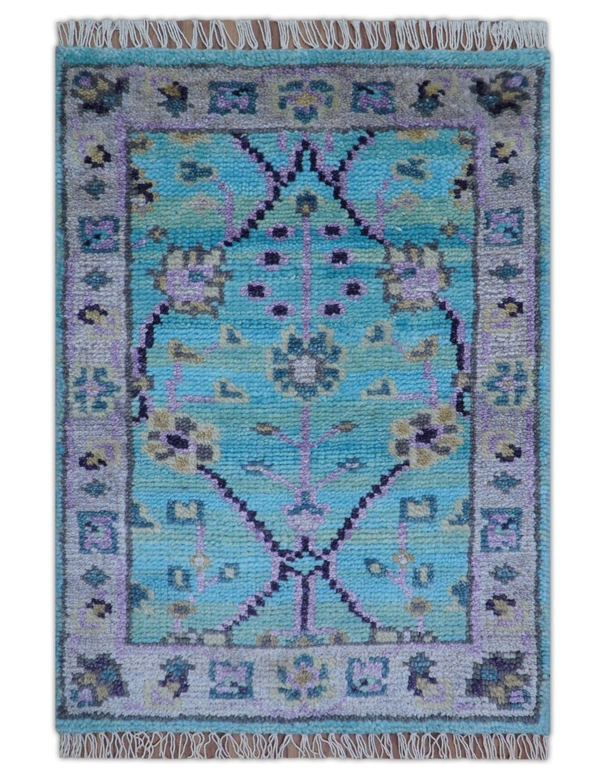 Traditional Style 2x3 Blue And Purple Hand Knotted Wool Rug