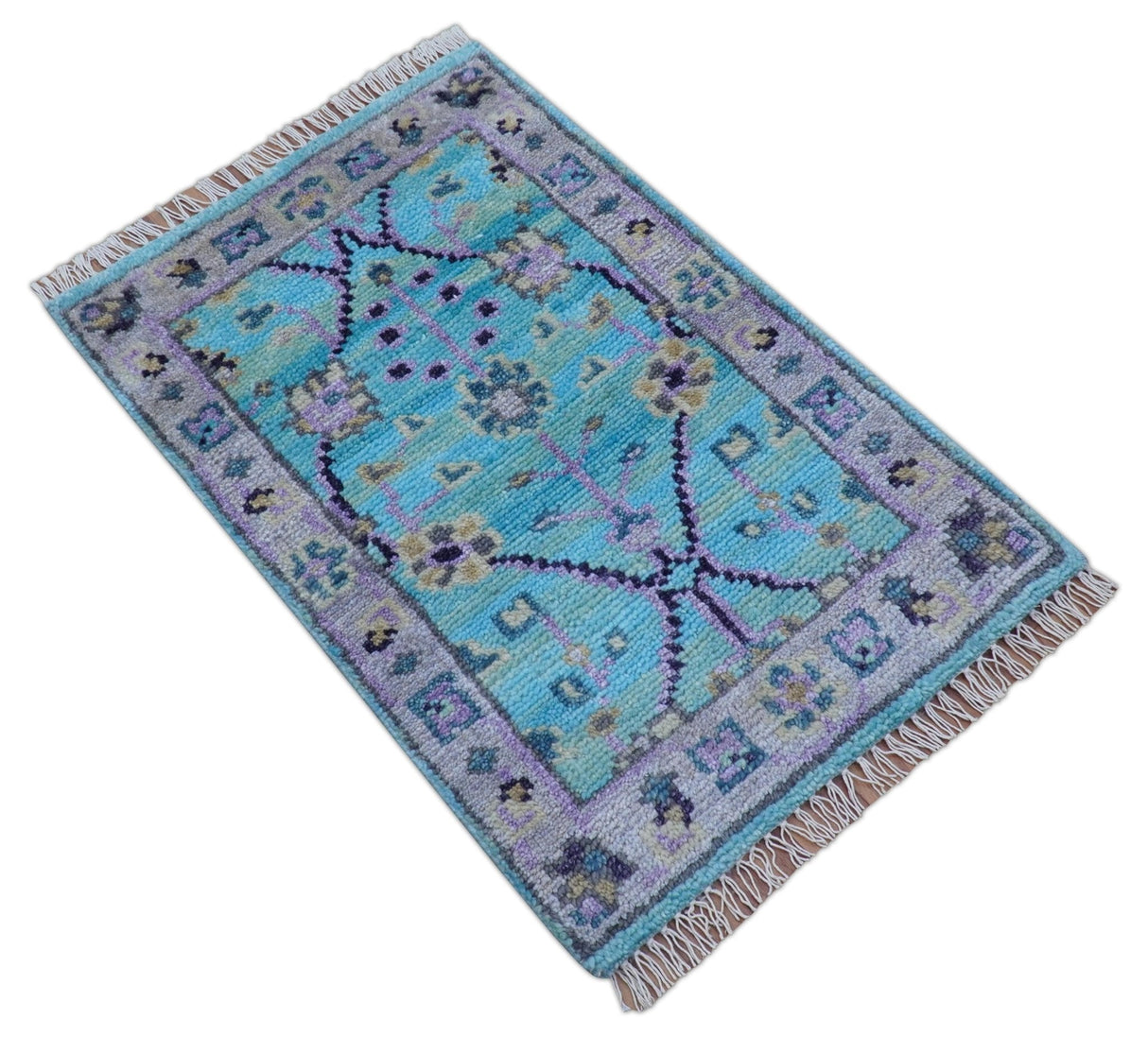 Traditional Style 2x3 Blue And Purple Hand Knotted Wool Rug