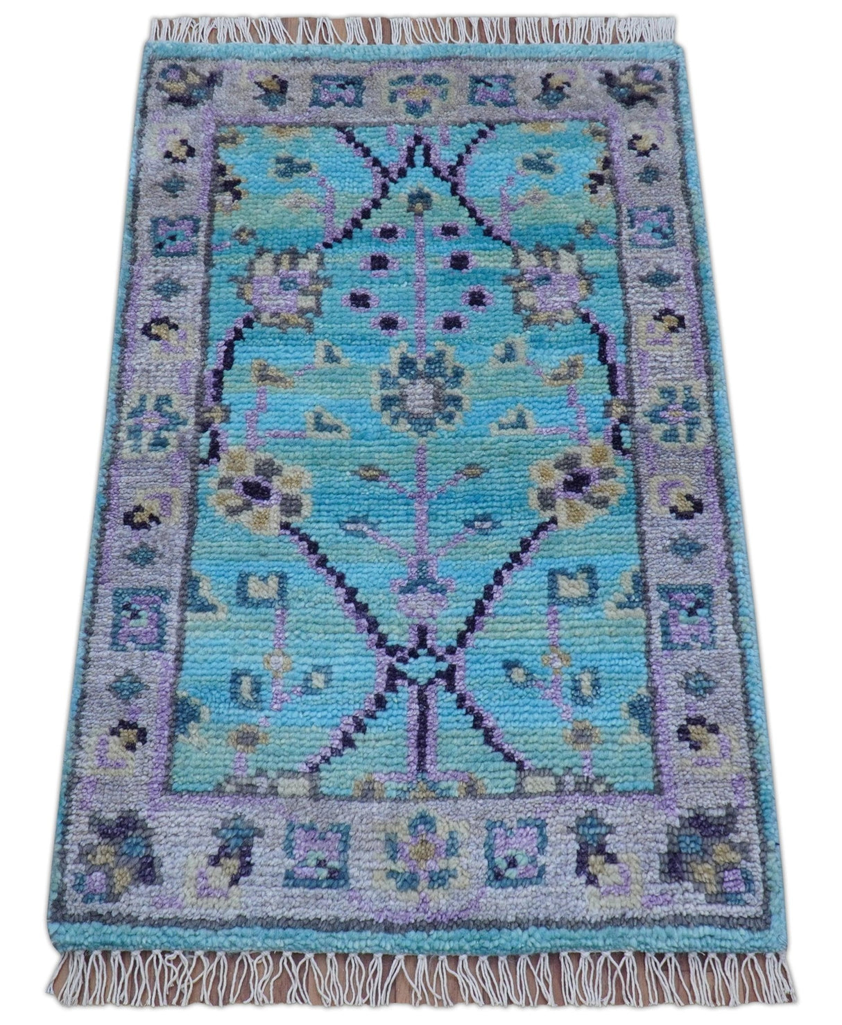 Traditional Style 2x3 Blue And Purple Hand Knotted Wool Rug