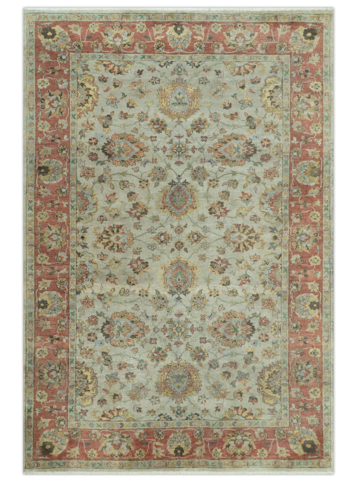 Traditional Turkish Design Beige and Rust 6x8.6 Hand Knotted Wool Area Rug