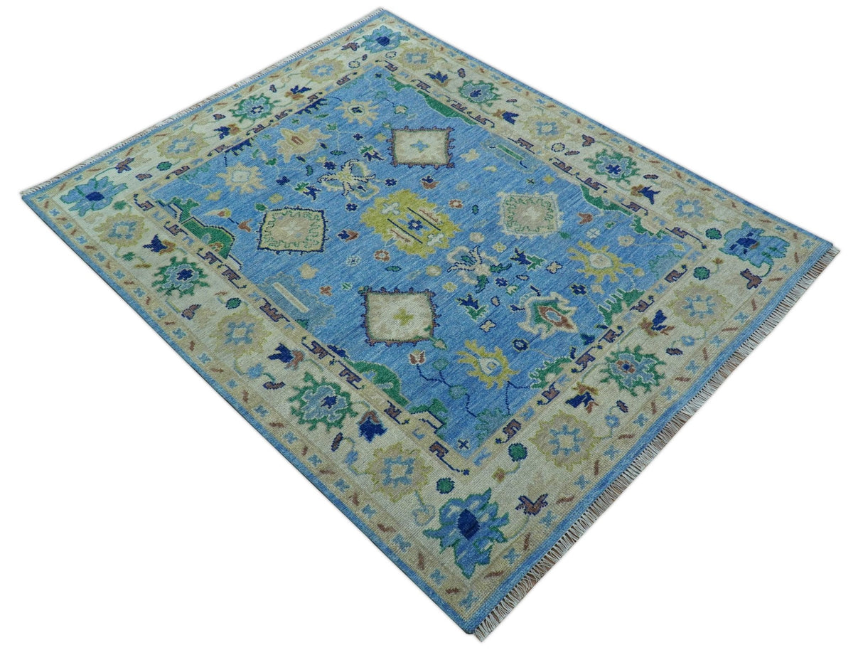 Traditional Turkish Design Blue And Ivory 8x10 Hand knotted Wool Rug