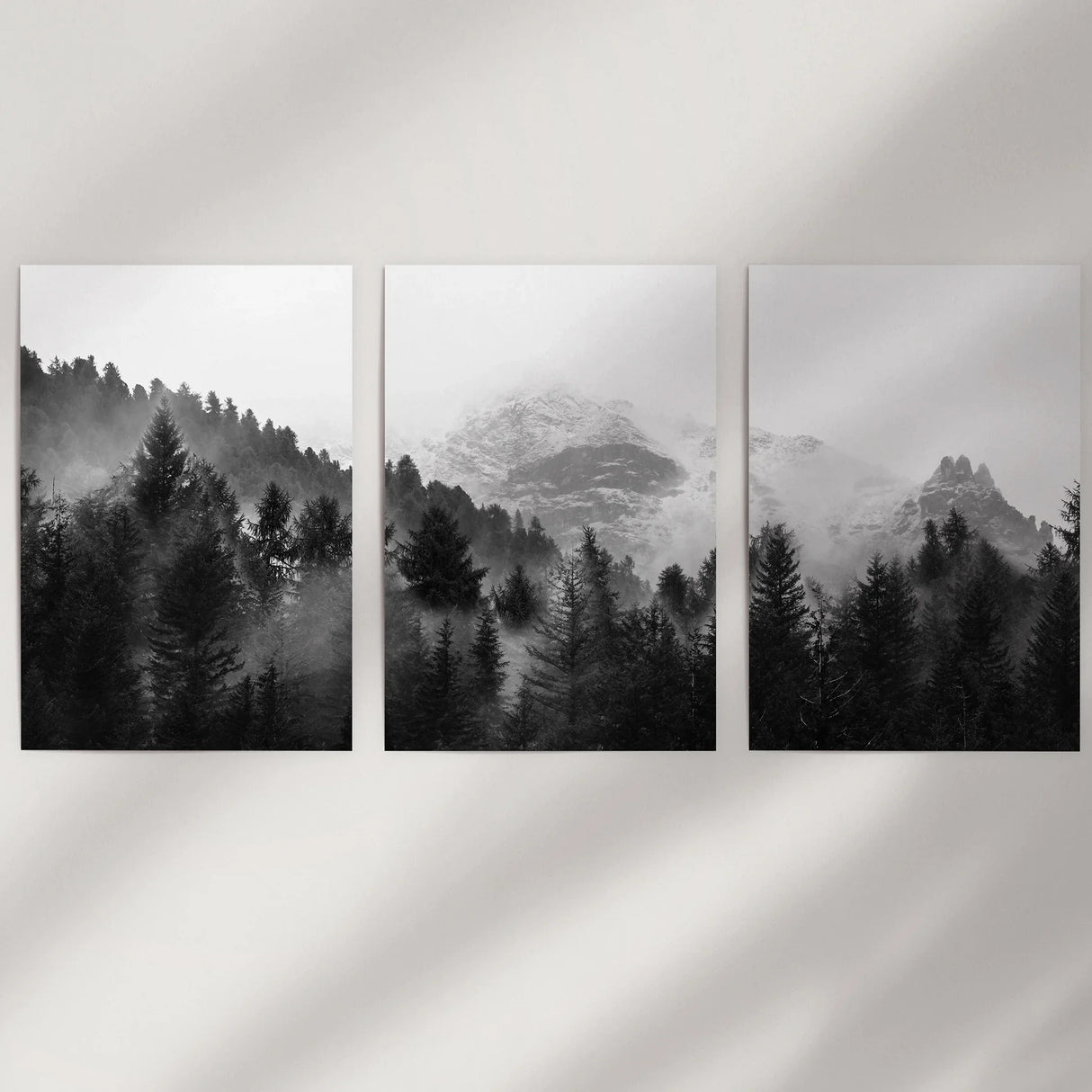 Black White Forest Triptych. Misty Mountains Nature Posters