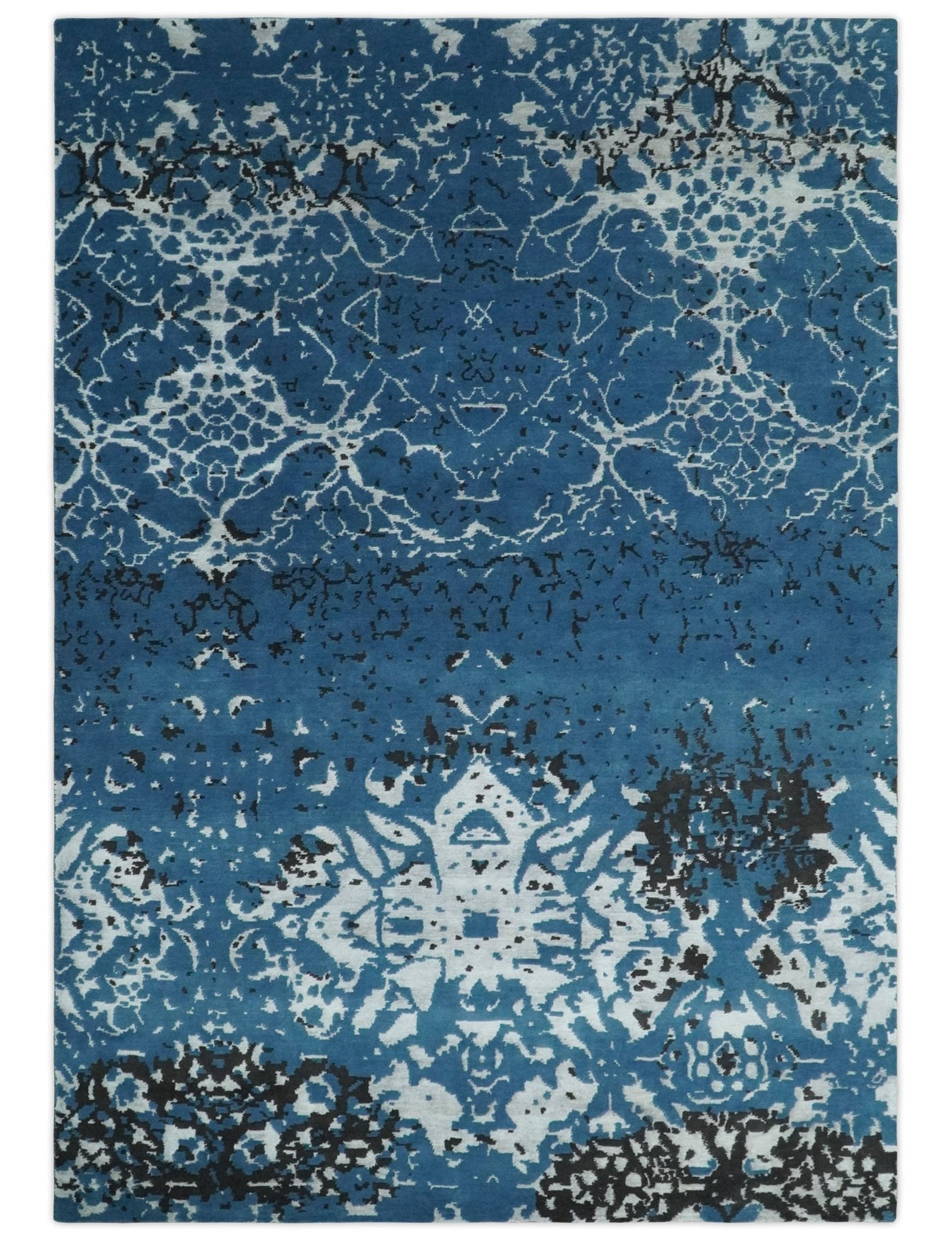 Transitional 7x10 Ivory, Blue and Black Modern Abstract Hand knotted Wool Area Rug