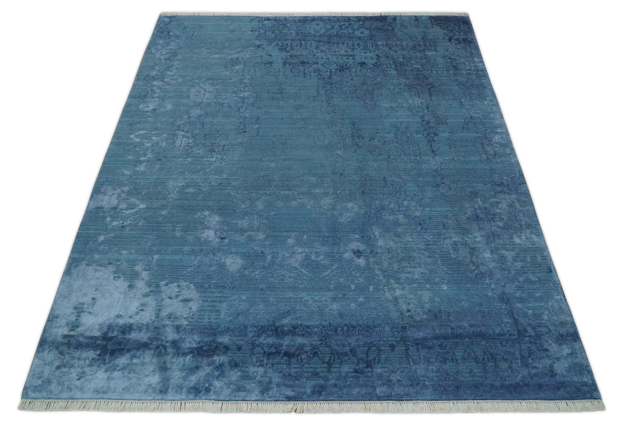 Transitional 8x11 Ivory and Blue Modern Abstract Hand knotted Wool and Art Silk Area Rug