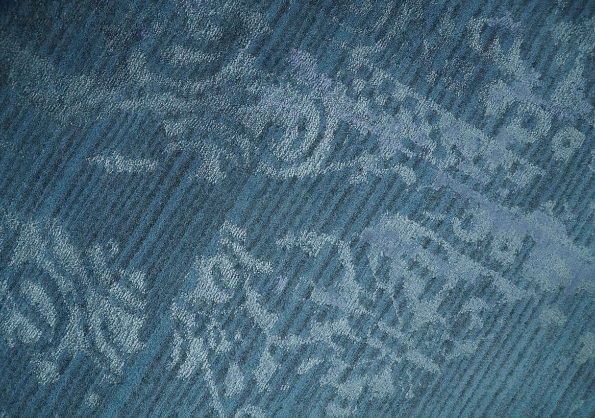 Transitional 8x11 Ivory and Blue Modern Abstract Hand knotted Wool and Art Silk Area Rug