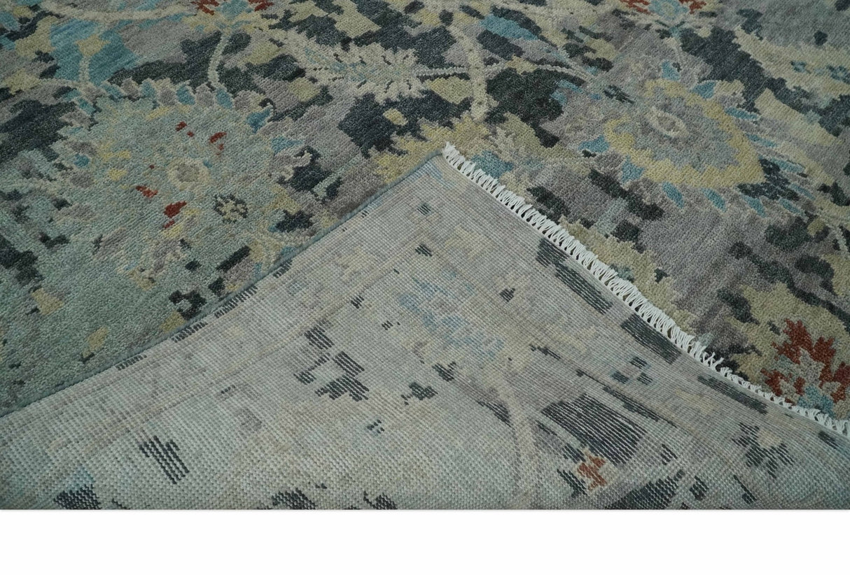 Transitional 9x12 Hand Knotted Silver, Charcoal and Beige Wool Area Rug