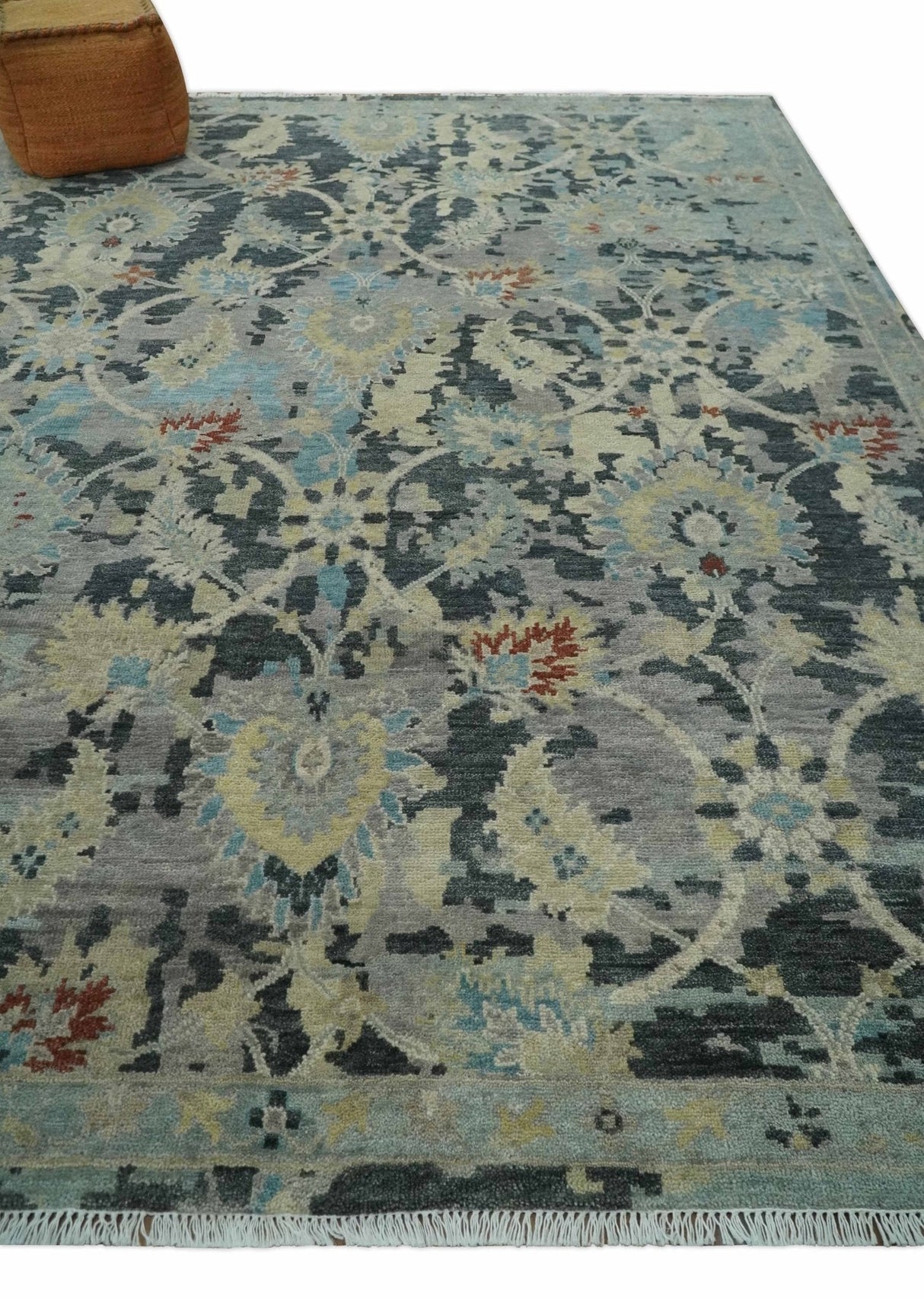 Transitional 9x12 Hand Knotted Silver, Charcoal and Beige Wool Area Rug