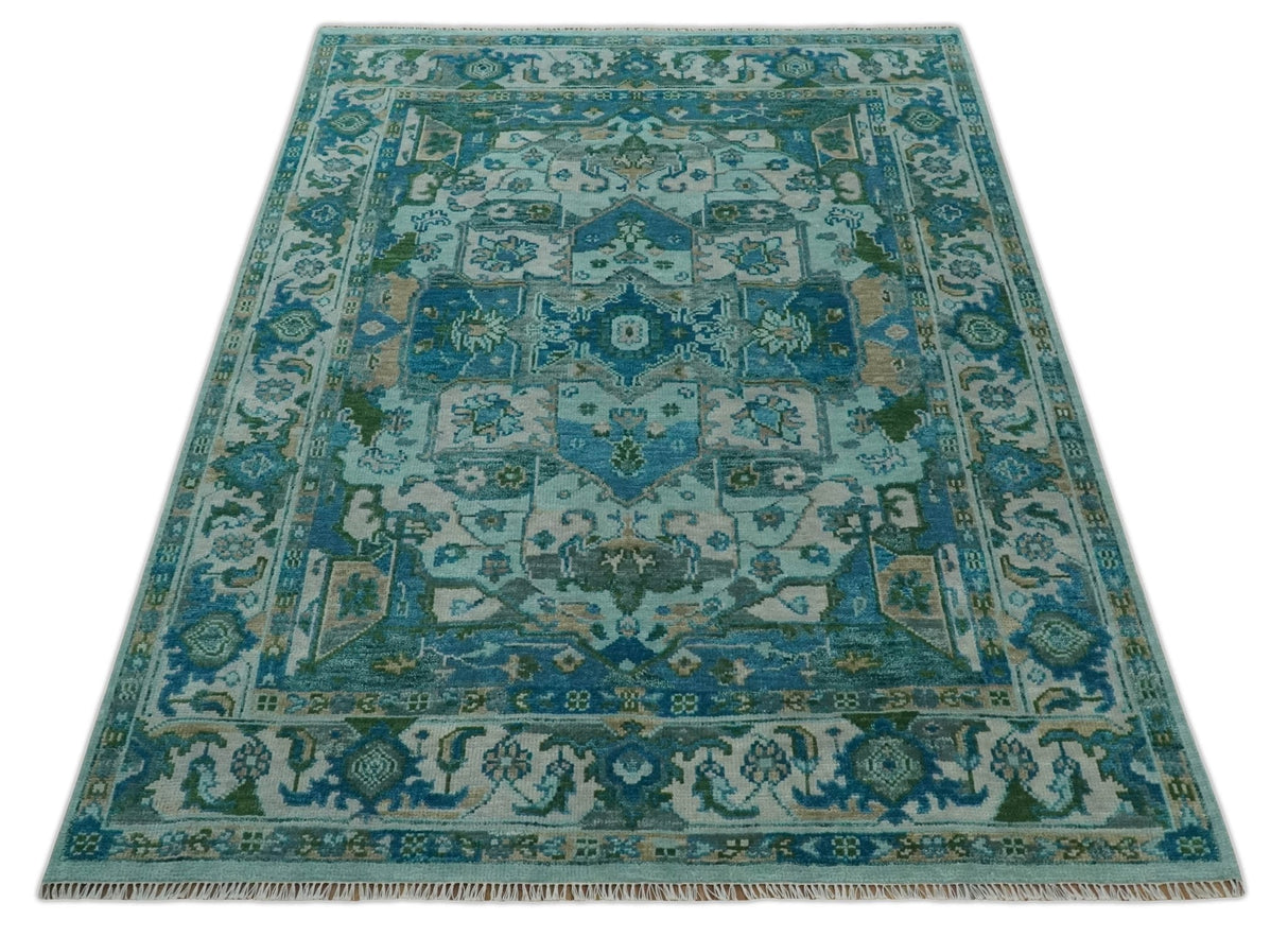 Transitional Aqua and Ivory Hand Knotted Antique 8x10 Traditional Wool Rug