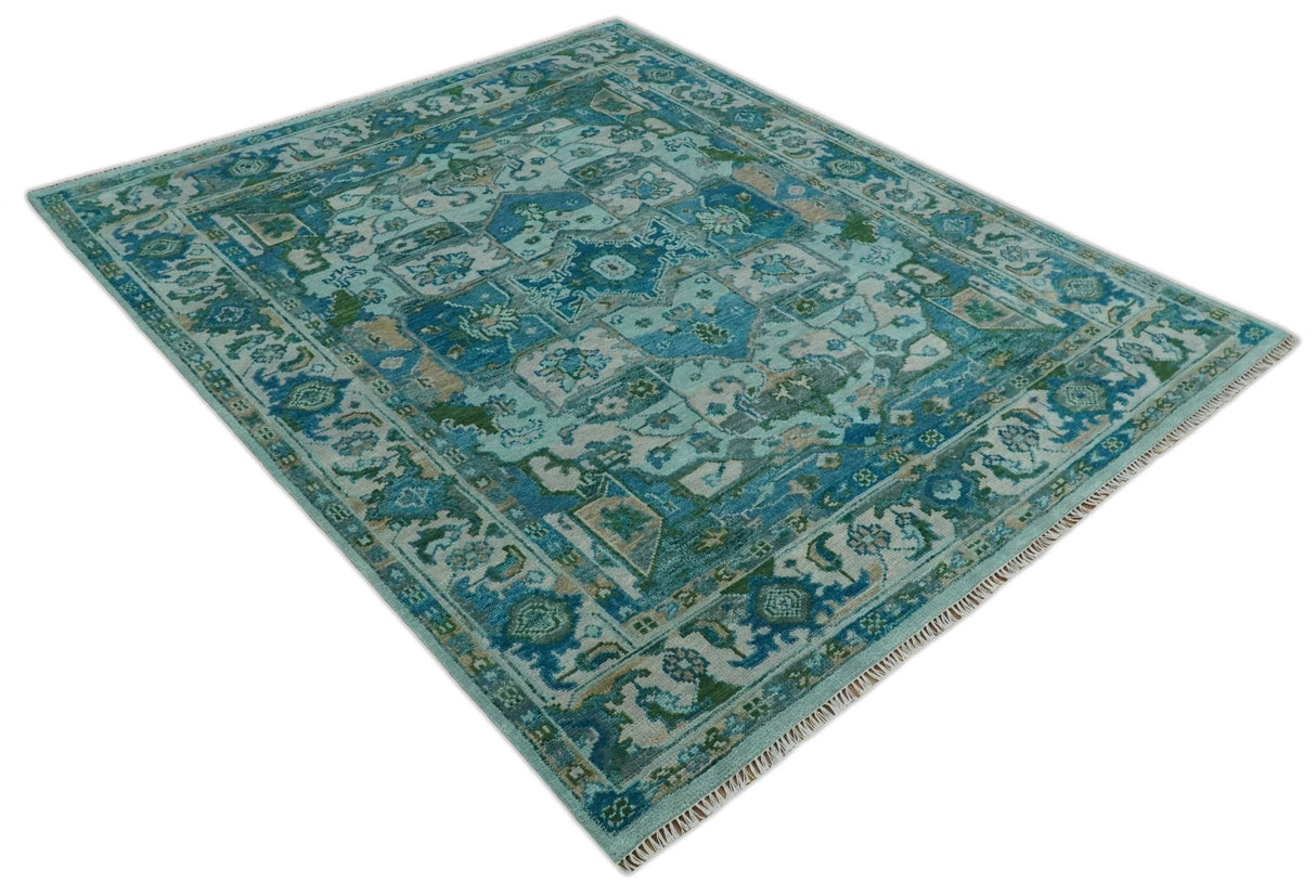 Transitional Aqua and Ivory Hand Knotted Antique 8x10 Traditional Wool Rug