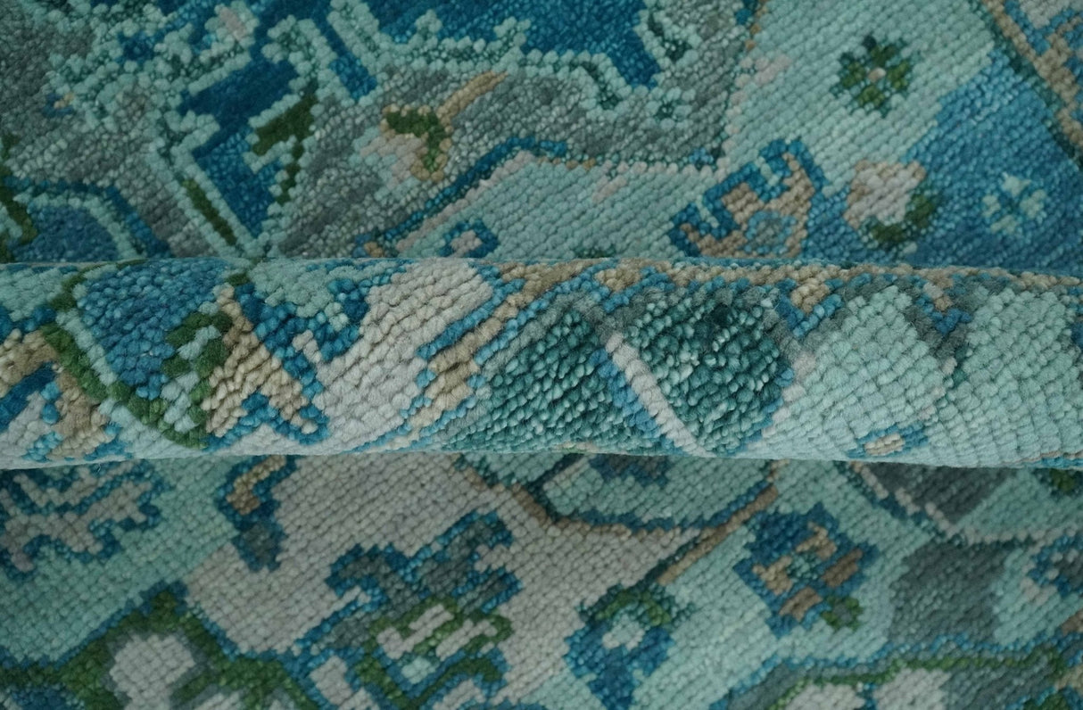 Transitional Aqua and Ivory Hand Knotted Antique 8x10 Traditional Wool Rug