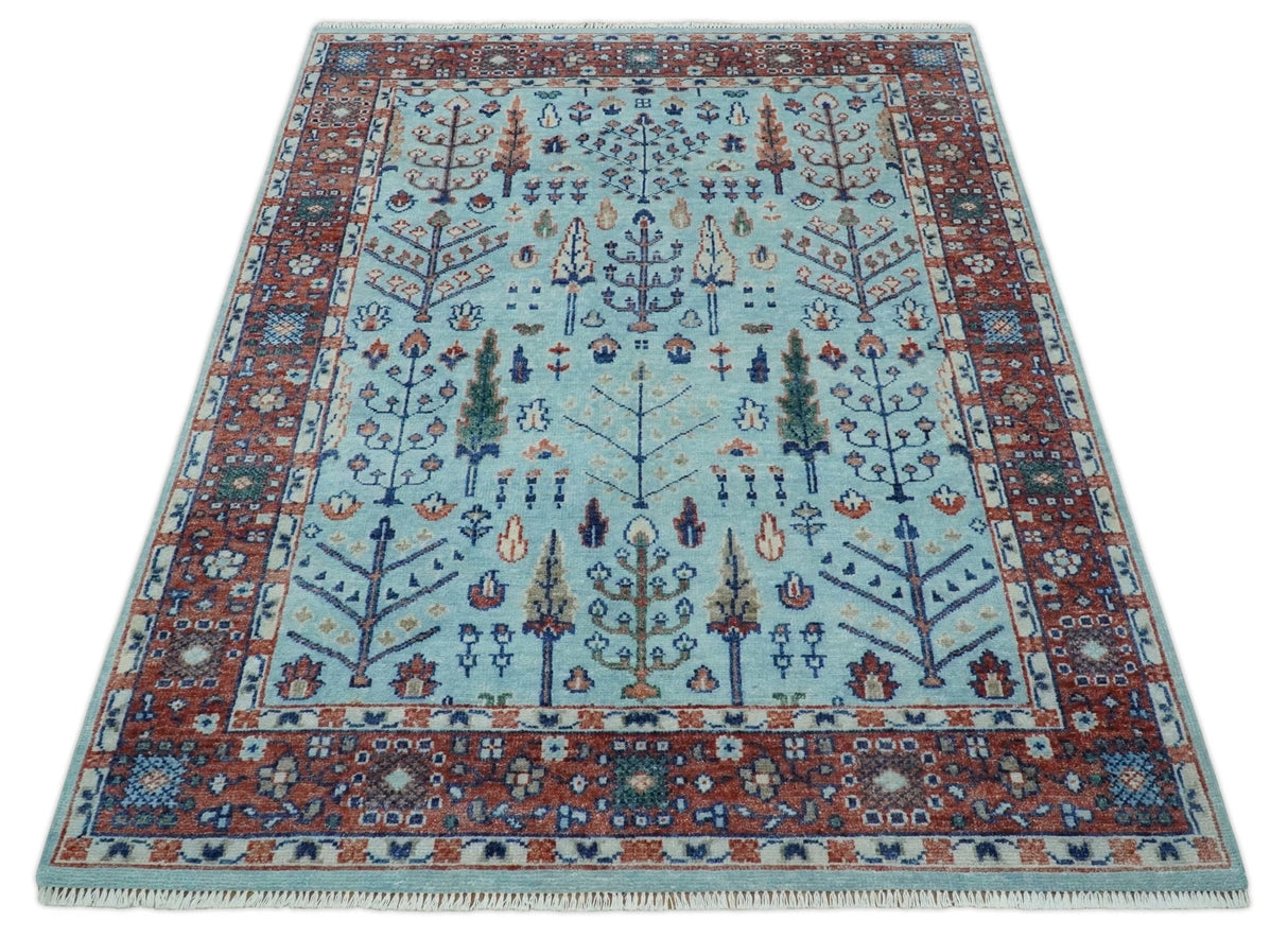 Tree of Life Hand Knotted Blue and Rust Oushak Custom Made Wool Rug