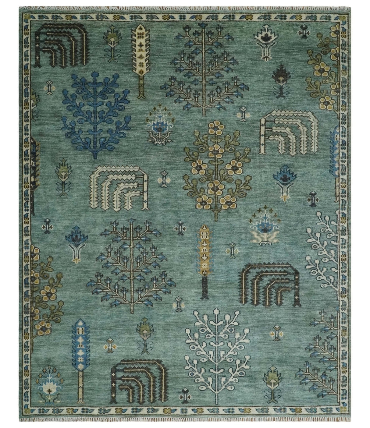 Tree of Life Green Traditional Hand Knotted Turkish Design 8x10 Wool Area Rug