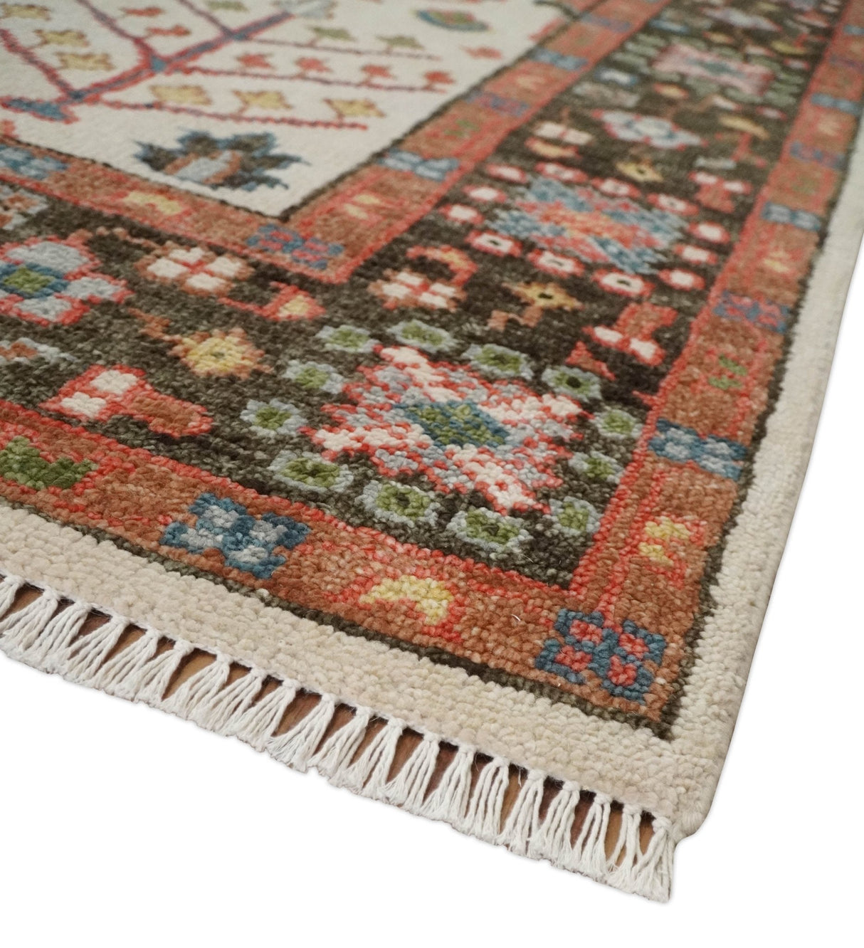 Tree of Life Hand Knotted Ivory, Brown and Rust Traditional Oushak Multi Size Wool Rug