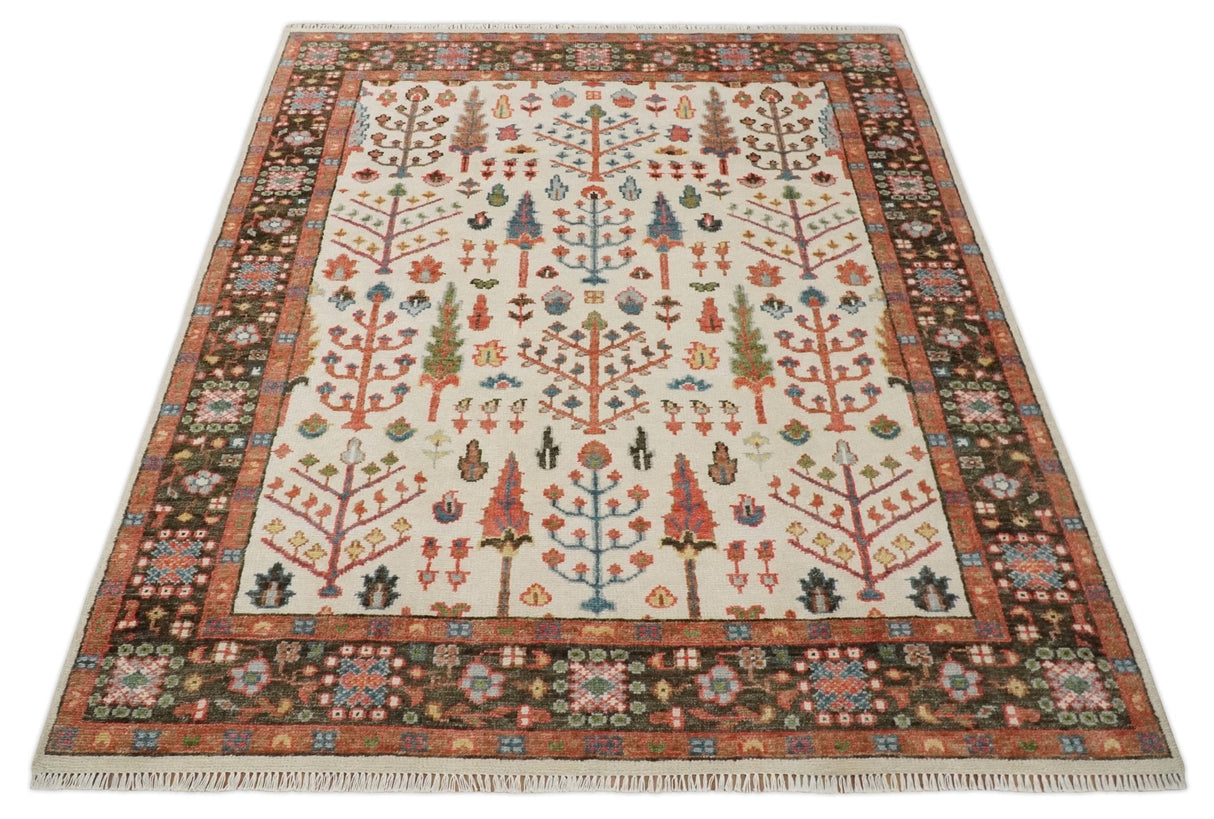 Tree of Life Hand Knotted Ivory, Brown and Rust Traditional Oushak Multi Size Wool Rug